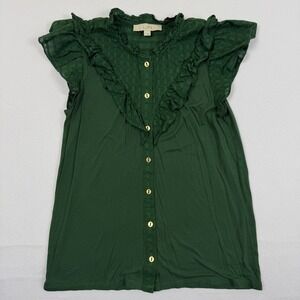 LOFT Womens Forest Green Ruffle Button Front Dobby Cap Sleeve Top Small